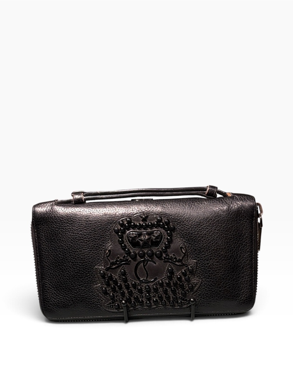 Christian Louboutin Panettone Spikes XL Crest Handle Clutch Wallet Black Red